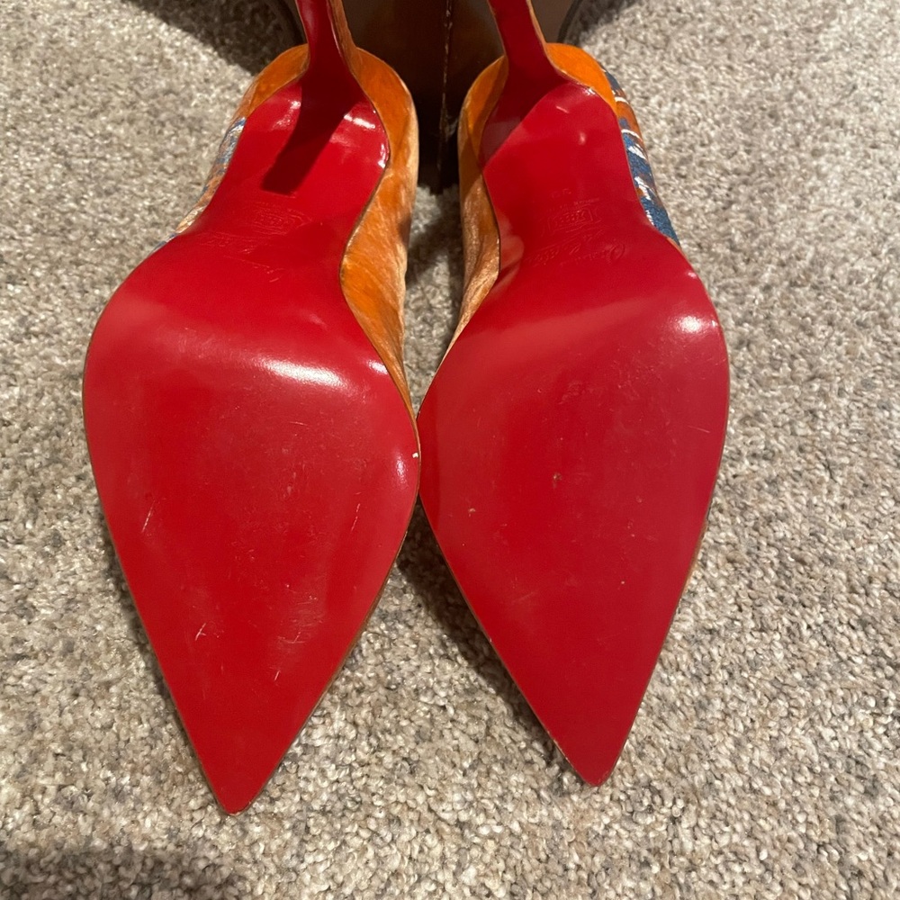 Christian Louboutin Orange and Blue Suede Pointed-Toe Pumps - Picture 9 of 9